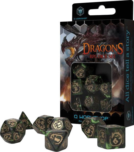 Q Workshop Dragon Poly 7 Dice Set Bottle Green and Gold | Dragon's Lair Comics and Fantasy Houston TX