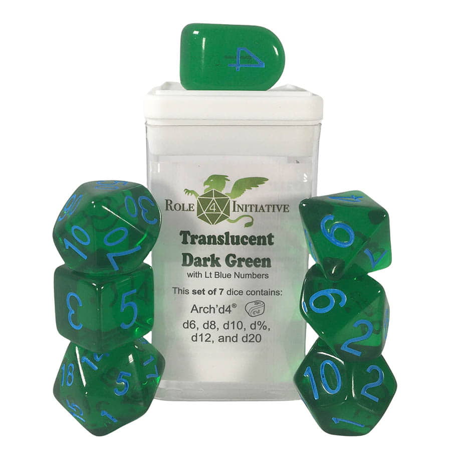 7CT DICE SET WITH ARCH'D4: TRANSLUCENT DARK GREEN WITH LIGHT BLUE NUMERALS | Dragon's Lair Comics and Fantasy Houston TX