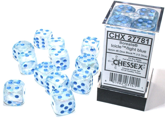 Chessex Borealis Icicle with Light Blue Luminary Glow in the Dark 16mm D6 Set | Dragon's Lair Comics and Fantasy Houston TX