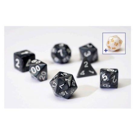 7CT OPAQUE POLY DICE SET - PEARL/CHARCOAL GREY ACRYLIC | Dragon's Lair Comics and Fantasy Houston TX