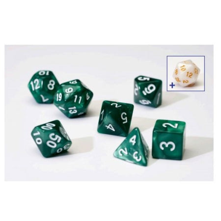 7CT OPAQUE POLY DICE SET - PEARL/GREEN W/WHITE ACRYLIC | Dragon's Lair Comics and Fantasy Houston TX