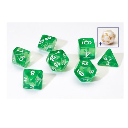 7CT TRANSPARENT POLY DICE SET - GREEN W/WHITE RESIN | Dragon's Lair Comics and Fantasy Houston TX