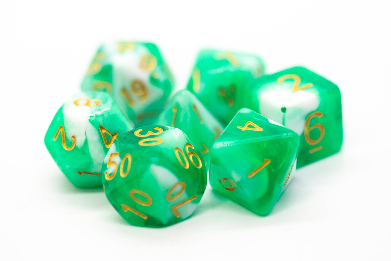 Old School Dice Vorpal - Cyan and White with Gold Poly 7 | Dragon's Lair Comics and Fantasy Houston TX