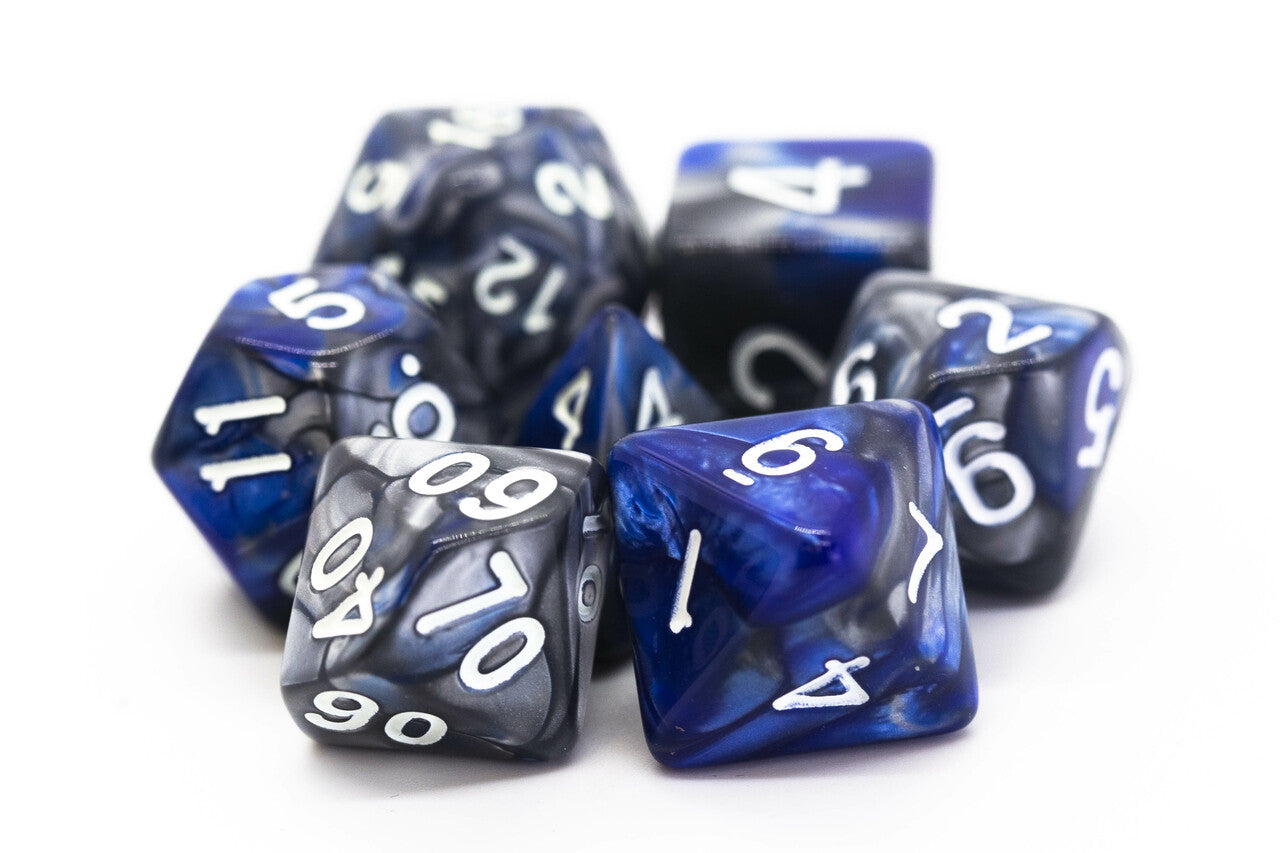 Old School Dice Vorpal Silver & Blue Poly 7 | Dragon's Lair Comics and Fantasy Houston TX